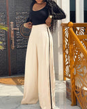 2 Pieces Outfit High Neck Lantern Sleeve Pocket Design Top and Casual Side Striped Print Ruched Wide Leg Flared Pants Set