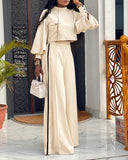 2 Pieces Outfit High Neck Lantern Sleeve Pocket Design Top and Casual Side Striped Print Ruched Wide Leg Flared Pants Set