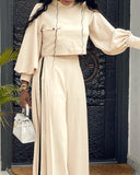 2 Pieces Outfit High Neck Lantern Sleeve Pocket Design Top and Casual Side Striped Print Ruched Wide Leg Flared Pants Set