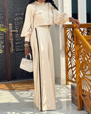 2 Pieces Outfit High Neck Lantern Sleeve Pocket Design Top and Casual Side Striped Print Ruched Wide Leg Flared Pants Set