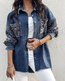 Turn down Collar Contrast Sequin Long Sleeve Fringe Hem Denim Jacket Casual Coat