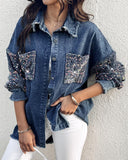 Turn down Collar Contrast Sequin Long Sleeve Fringe Hem Denim Jacket Casual Coat