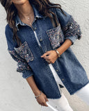 Turn down Collar Contrast Sequin Long Sleeve Fringe Hem Denim Jacket Casual Coat