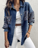 Turn down Collar Contrast Sequin Long Sleeve Fringe Hem Denim Jacket Casual Coat