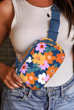 Sail Blue Flower Print Zipper Buckle Wide Strap Sling Bag