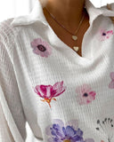 Floral Print Polo Collar Long Sleeve Blouse Casual Pullover Shirt Top