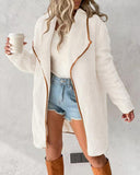 Contrast Binding Lapel Teddy Coat Open Front Longline Winter Outwear Jackets with Pockets