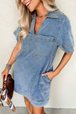 Beau Blue Short Sleeve Collared Patched Pocket Denim Mini Dress