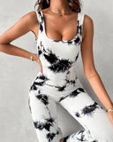 Tie Dye Print Square Neck Rib Knit Jumpsuit