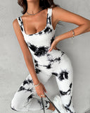 Tie Dye Print Square Neck Rib Knit Jumpsuit