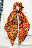 Orange Halloween Pumpkin Face Printed Satin Scrunch Hair Tie