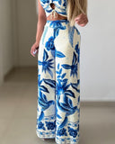 2 Pieces Outfit Floral Print Halter Sleeveless Lace Up Crop Tank and Casual Wide Leg Pants Set