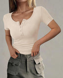 Henley V Neck Short Sleeve Tops Casual Button Up Ribbed Knit T Shirt