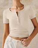 Henley V Neck Short Sleeve Tops Casual Button Up Ribbed Knit T Shirt