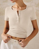 Henley V Neck Short Sleeve Tops Casual Button Up Ribbed Knit T Shirt