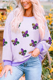 Purple Stripe Sequin Fleur De Lis Patched Drop Shoulder Long Sleeve Top