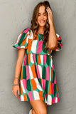 Green Abstract Print Puff Sleeve Short Dress