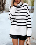 Striped High Neck Side Slit Knit Sweater