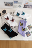 White Butterfly Pattern Ribbed Edge Soft Crew Socks