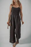 Black Spaghetti Straps Shirred Bodice Pocketed Wide Leg Jumpsuit