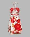 Floral Print Halter Sleeveless A Line Mini Dress Sexy Waist Hollow Out Vacation Dress