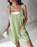 Tied Detail Buttoned Pocket Design U Neck Romper