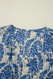 Blue Plus Size Ethnic Printed 3/4 Sleeve V Neck Loose Blouse