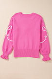 Bright Pink Corded Flower Bow Ribbed Trim Casual Sweater