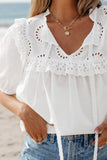 White Embroidered Lace Patchwork Tie Neck Puff Short Sleeve Blouse