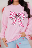 Pink Checkerboard Bow Graphic Round Neck Valentines Sweatshirt