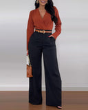 High Waist Pocket Design Flared Pants Casual Loose Fit Pants