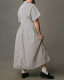 Striped Print Half Sleeve Rucded Front Button Shirt Dress Casual Dress