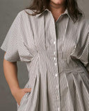 Striped Print Half Sleeve Rucded Front Button Shirt Dress Casual Dress