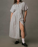 Striped Print Half Sleeve Rucded Front Button Shirt Dress Casual Dress