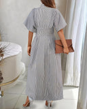 Striped Print Half Sleeve Rucded Front Button Shirt Dress Casual Dress