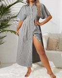 Striped Print Half Sleeve Rucded Front Button Shirt Dress Casual Dress