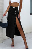 Black Button Fly Side Split High Waist Denim Midi Skirt