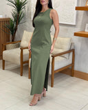 Back Tied Detail Sleeveless Waist Dress Casual Slit Midi Dress