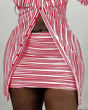 Striped Ruched Long Sleeve Top & Skirt Set