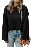 Black Solid Textured Knit Split Cuff Drop Shoulder Loose Sweater