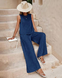 2 Pieces Outfits Round Neck Sleeveless Tank and Casual Pocket Design Wide Leg Pants Set