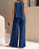 2 Pieces Outfits Round Neck Sleeveless Tank and Casual Pocket Design Wide Leg Pants Set