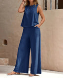 2 Pieces Outfits Round Neck Sleeveless Tank and Casual Pocket Design Wide Leg Pants Set
