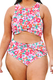 Rose Plus Size Floral Print Twisted High Waist Bikini Set