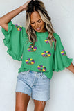 Green Sequin Doughnut Graphic Ruffled Trim Bell Sleeve Mardi Gras Blouse