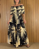 Tropical Print Off the Shoulder Short  Sleeve Waist Tied Detail Dress