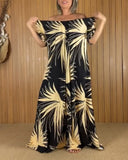 Tropical Print Off the Shoulder Short  Sleeve Waist Tied Detail Dress