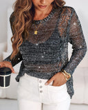 Round Neck Long Sleeve Glitter Crochet Casual Sequin Hollow out Cowl Top