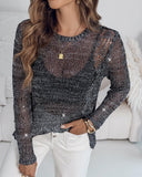 Round Neck Long Sleeve Glitter Crochet Casual Sequin Hollow out Cowl Top
