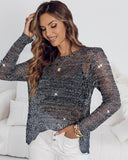 Round Neck Long Sleeve Glitter Crochet Casual Sequin Hollow out Cowl Top